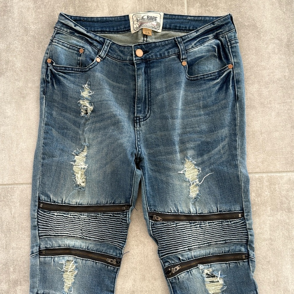 *LIKE NEW* Soho Babe Mid Ride Dark Wash Zipper Moto Denim Jeans Size 13 Juniors